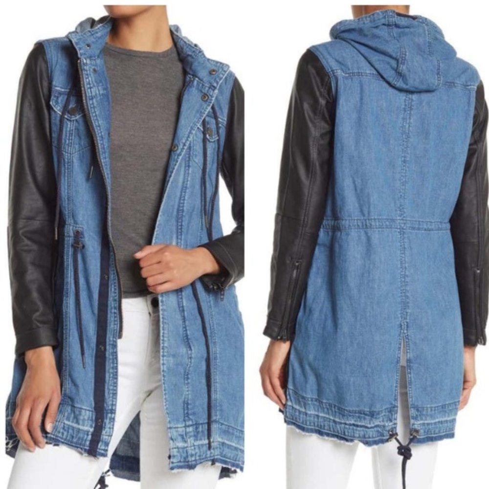 BLANKNYC Denim & Faux Leather Long Hood Jacket (S)